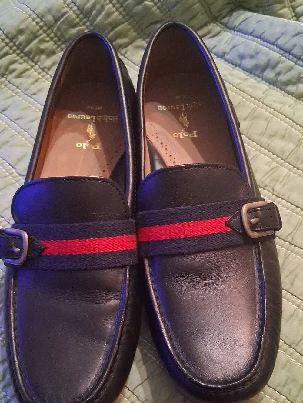 Polo by Ralph Lauren Black Leather Loafers with Red Stripe
